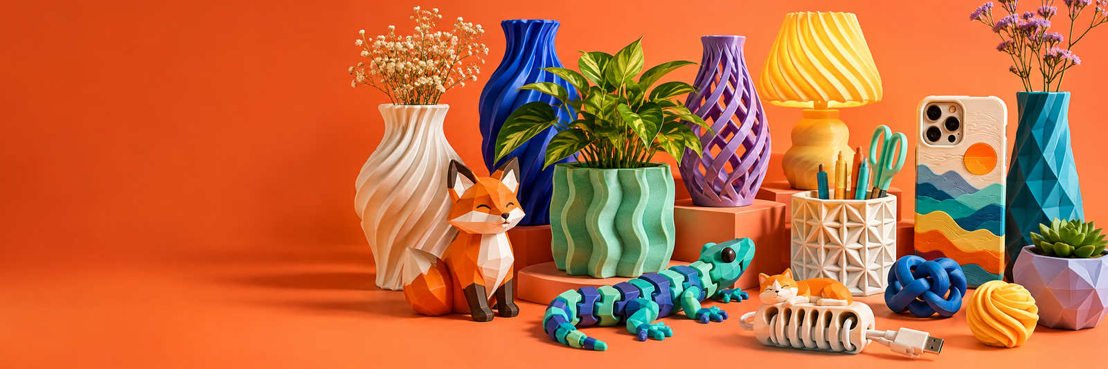 Colorful 3D printed vases, planters, desk accessories and playful objects